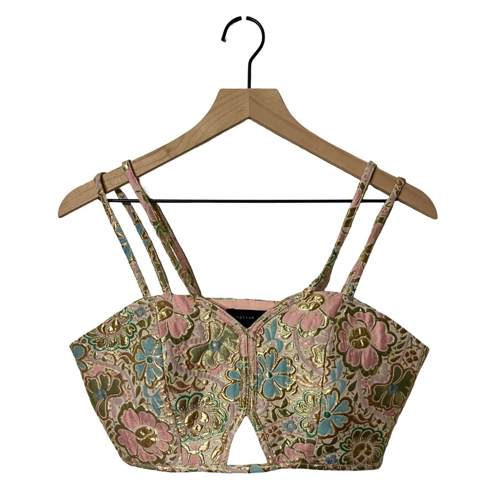 Embroidered Metallic Floral Crop Top Bralette - Pink, Gold, Blue, Green Pattern